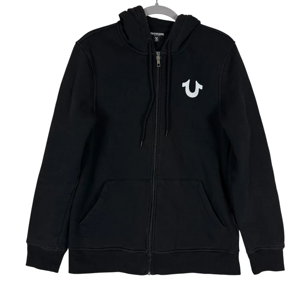 True Religion Hoodie Mens Medium Black Full Zip Fleece Buddha Guitar Graphic